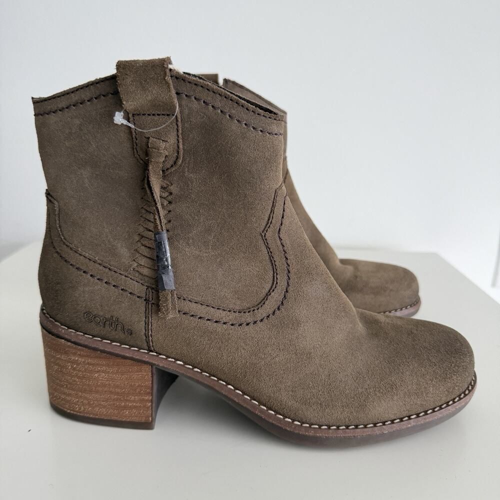 Earth Ankle Boots Womens 9.5 Brown Leather Irene‎ Round Toe Block Heel Bootie